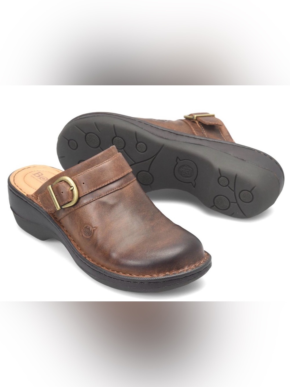Born Avoca Brown Leather Slip-On Mule Clogs with Buckle sz 5